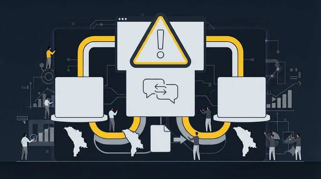 Ilustrație cu un semn de avertizare deasupra unui text netradus corect pentru piața din Moldova
