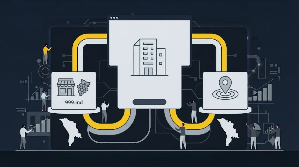 Ilustrație cu platformele locale relevante pentru vizibilitatea AI a unei afaceri din Moldova