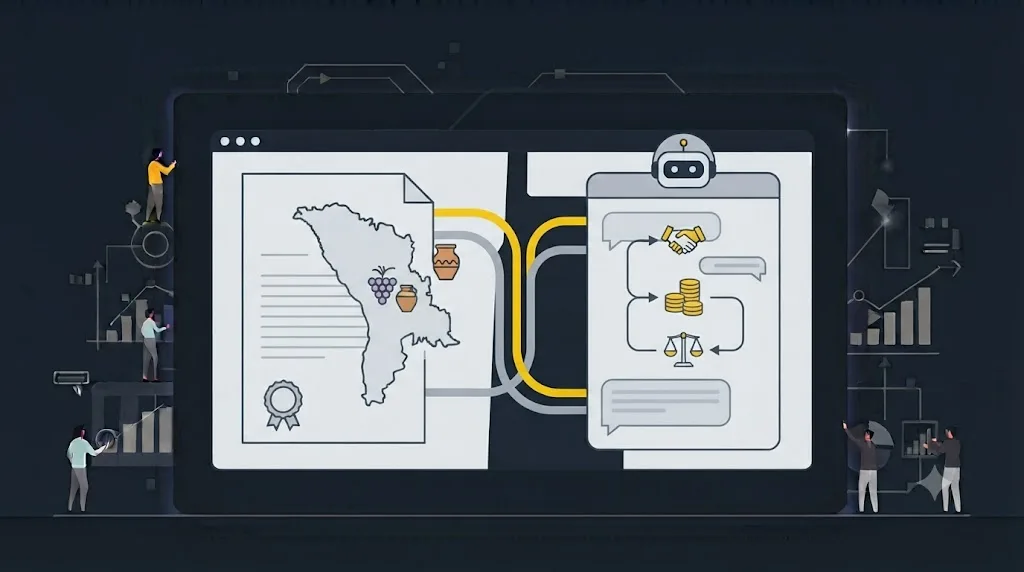 Ilustrație cu un document legal și un ecran de chat AI pentru comerțul online din Moldova