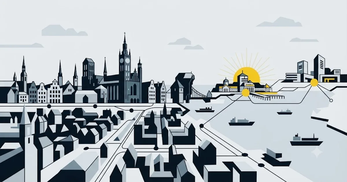 Ilustracja przedstawiająca panoramę Gdańska z pinezką lokalizacji nad wynikiem wyszukiwania Google