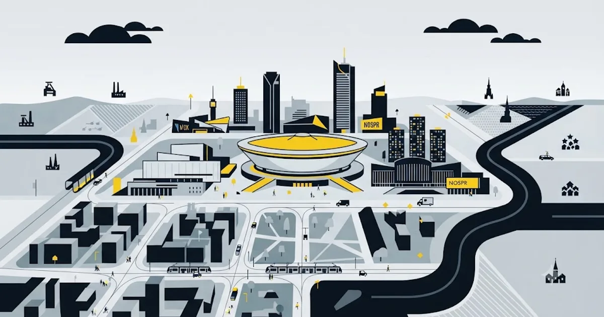 Ilustracja przedstawiająca panoramę Katowic z ikoną lupy wyszukiwarki nad centrum miasta