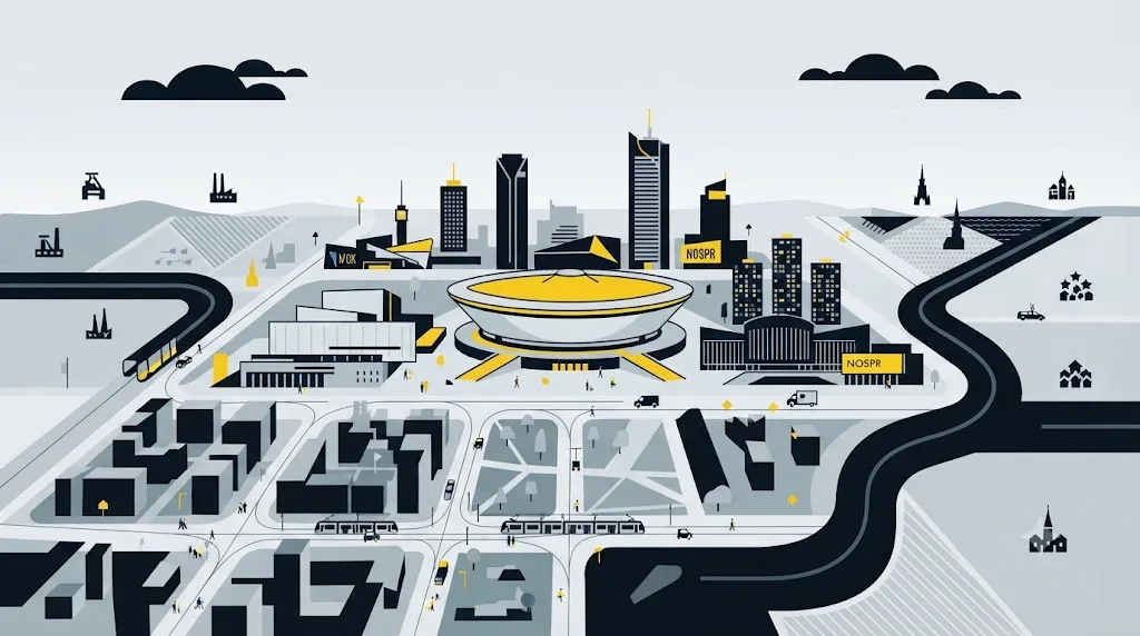 Ilustracja przedstawiająca panoramę Katowic i granice metropolii GZM