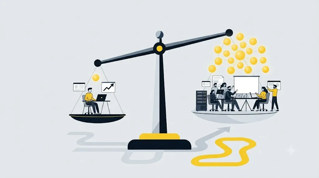 Ilustracja przedstawiająca wagę porównującą pracę własną z zespołem agencji