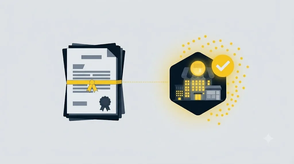 Ilustracja przedstawiająca dokument prawny obok aktywnego profilu firmy w Google
