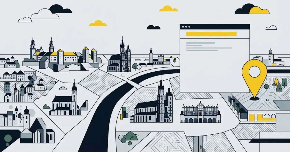 Ilustracja przedstawiająca panoramę Krakowa z pinezką lokalizacji nad wynikiem wyszukiwania Google