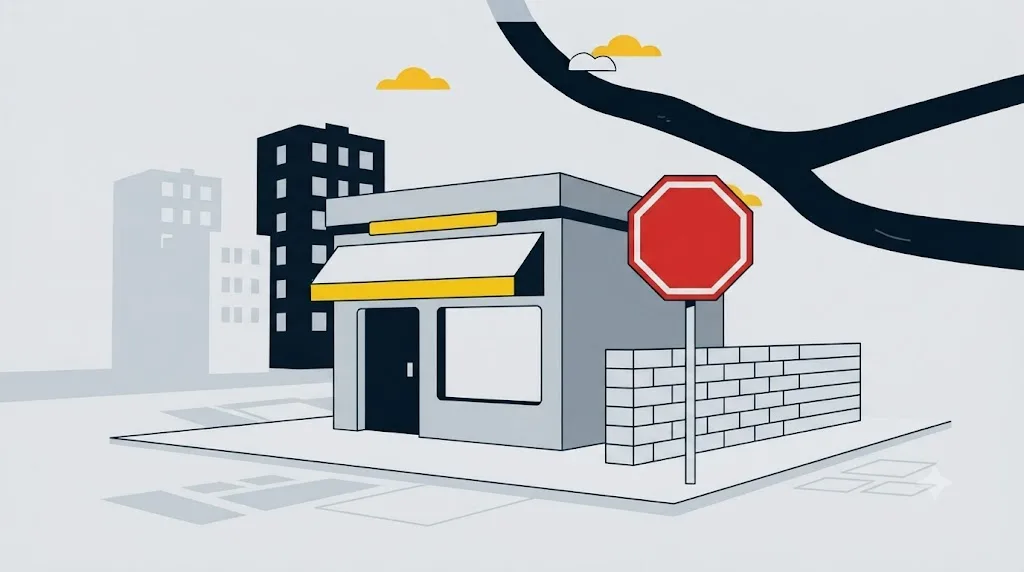 Ilustracja przedstawiająca znak stop obok małego sklepu na osiedlu w Krakowie