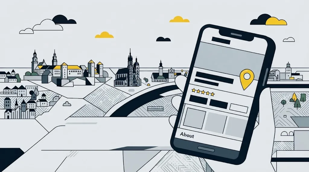 Ilustracja przedstawiająca kompletny Profil Firmy w Google na ekranie telefonu