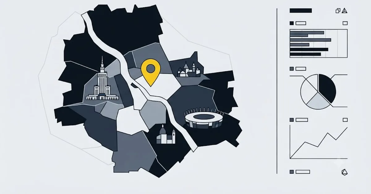 Ilustracja przedstawiająca mapę Warszawy z pinezką lokalizacji nad wynikiem wyszukiwania Google