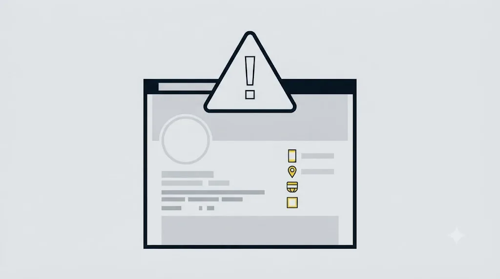 Ilustracja przedstawiająca znak ostrzegawczy nad niekompletnym profilem firmy w Google