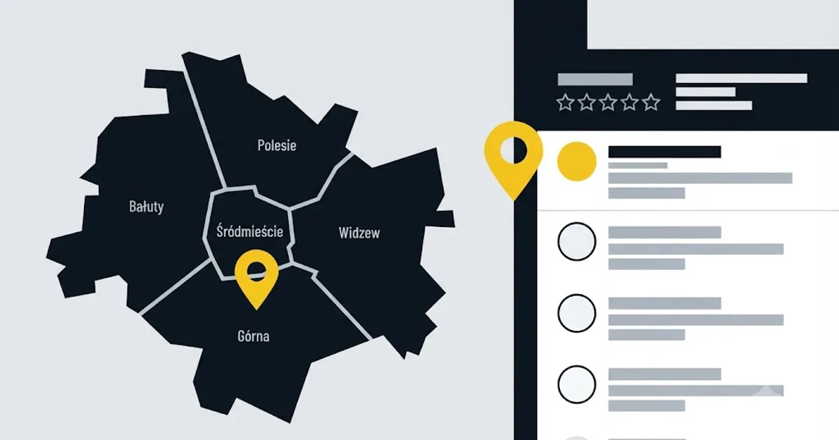 Ilustracja przedstawiająca mapę Łodzi z pinezką lokalizacji obok panelu wyników wyszukiwania Google