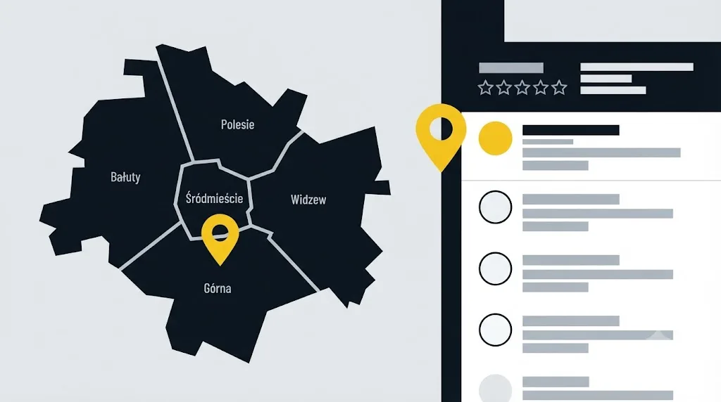 Ilustracja przedstawiająca mapę Łodzi z pinezką lokalizacji obok wyników wyszukiwania Google