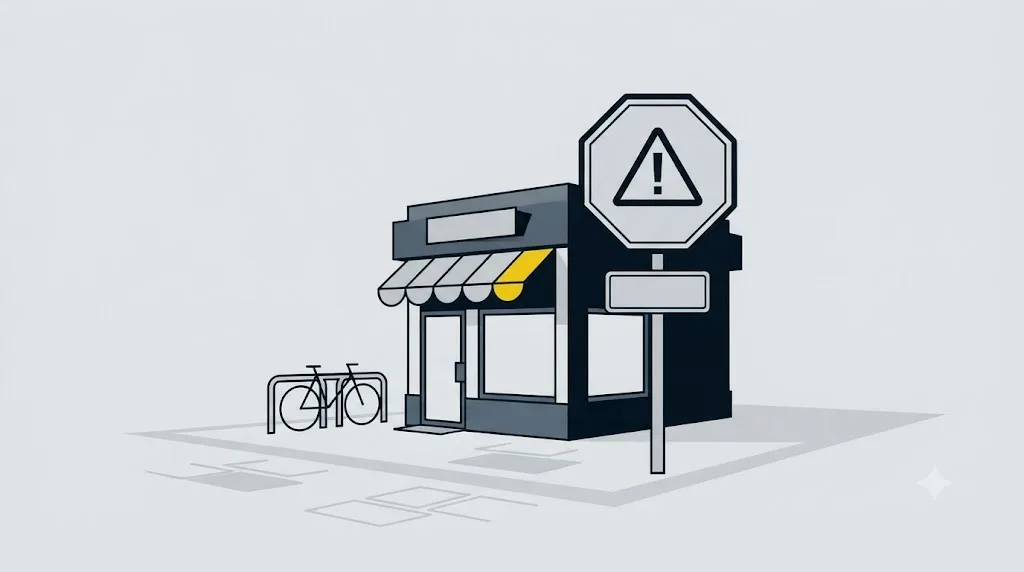 Ilustracja przedstawiająca znak stop obok małego sklepu na osiedlu w Łodzi