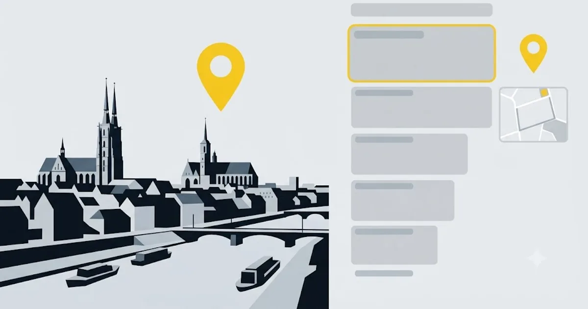 Ilustracja przedstawiająca panoramę Wrocławia z pinezką lokalizacji nad wynikiem wyszukiwania Google