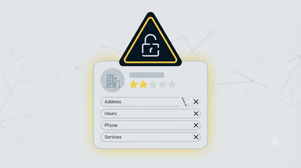 Ilustracja przedstawiająca znak ostrzegawczy nad niekompletnym profilem firmy w Google