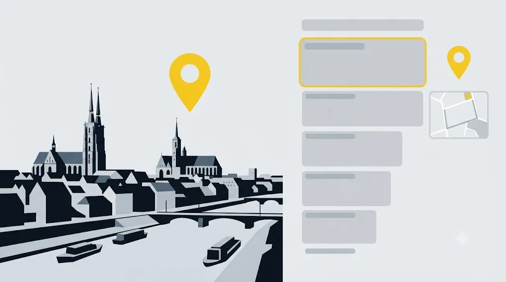Ilustracja przedstawiająca panoramę Wrocławia z pinezką lokalizacji nad wynikiem wyszukiwania Google