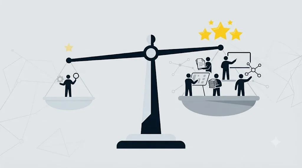 Ilustracja przedstawiająca wagę porównującą pracę własną z zespołem agencji