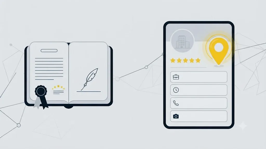 Ilustracja przedstawiająca dokument prawny obok aktywnego profilu firmy w Google