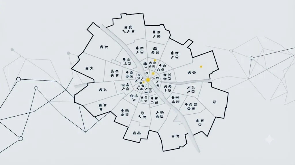 Ilustracja przedstawiająca mapę osiedli Wrocławia z ikonami słów kluczowych