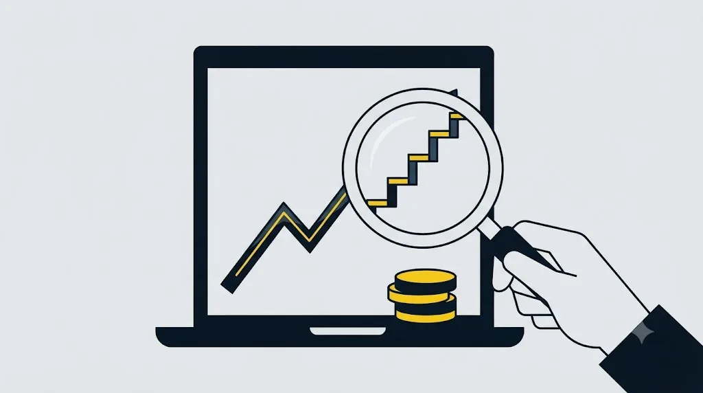 Ilustrație cu un grafic de trafic SEO analizat cu o lupă pentru verificarea rezultatelor