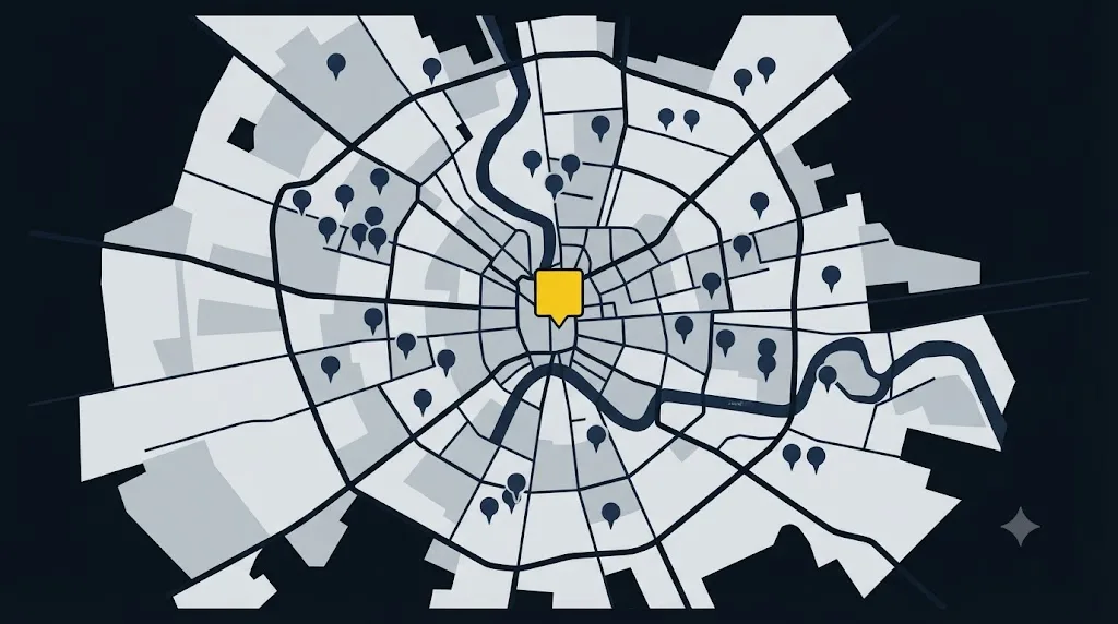 Ilustrație cu harta Bucureștiului și un pin promovat pe Google Maps lângă rezultate obișnuite