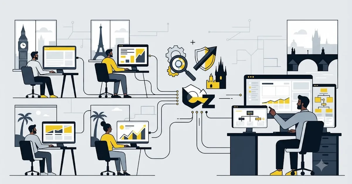 Ilustrace týmu, který na dálku pracuje na optimalizaci webu pro vyhledávače v Praze