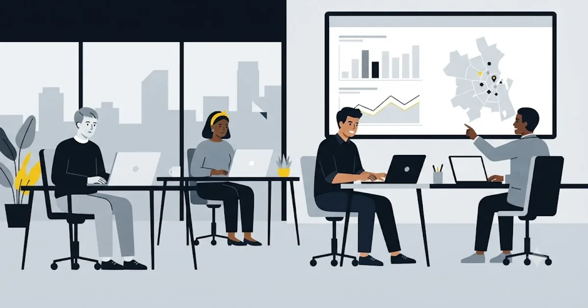 Illustration af et team, der arbejder på afstand med søgemaskineoptimering for en virksomhed i Aarhus