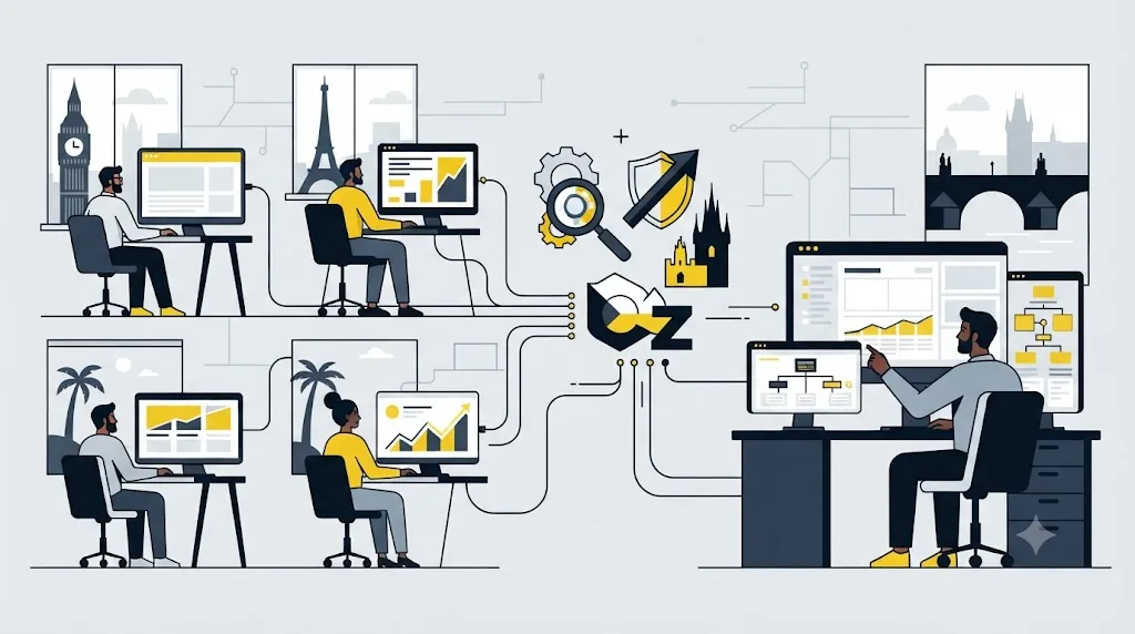 Illustratie van een team dat op afstand werkt aan zoekmachineoptimalisatie voor een bedrijf in Rotterdam