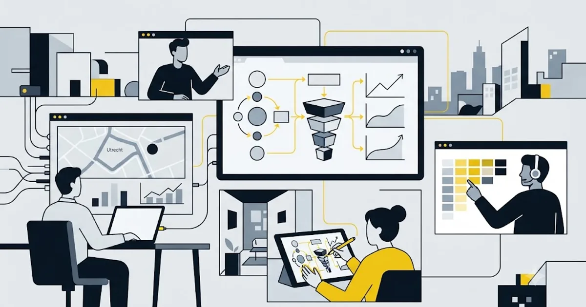 Illustratie van een team dat op afstand werkt aan zoekmachineoptimalisatie voor een bedrijf in Utrecht