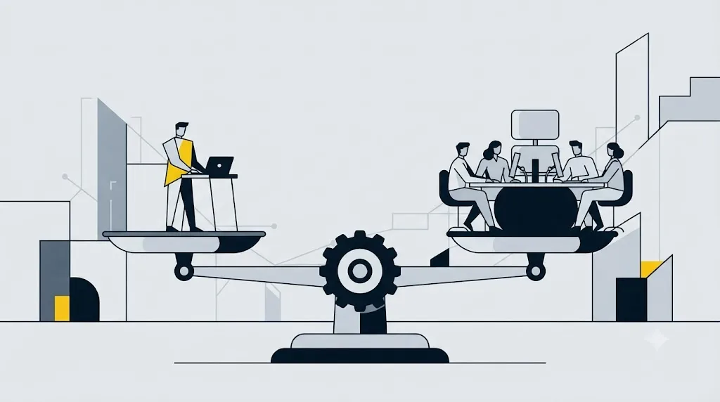 Illustratie van een weegschaal die freelancer en bureauteam met elkaar vergelijkt