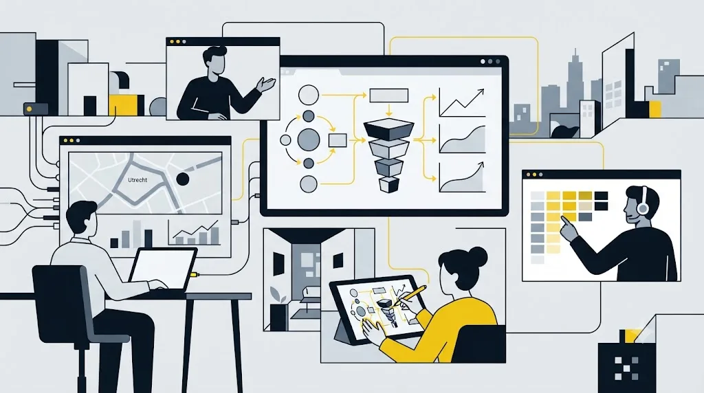 Illustratie van een team dat op afstand werkt aan zoekmachineoptimalisatie voor een bedrijf in Utrecht