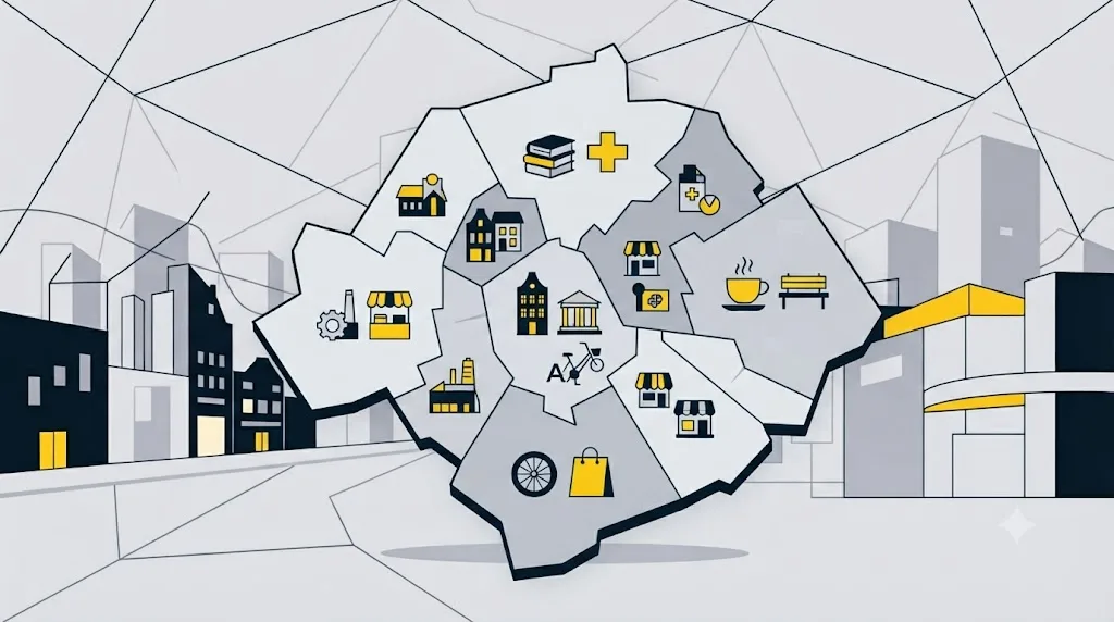 Illustratie van een kaart van Utrecht met pictogrammen van verschillende typen bedrijven