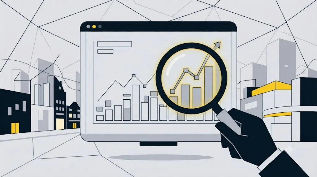 Illustratie van een grafiek met SEO-resultaten die met een vergrootglas wordt bekeken