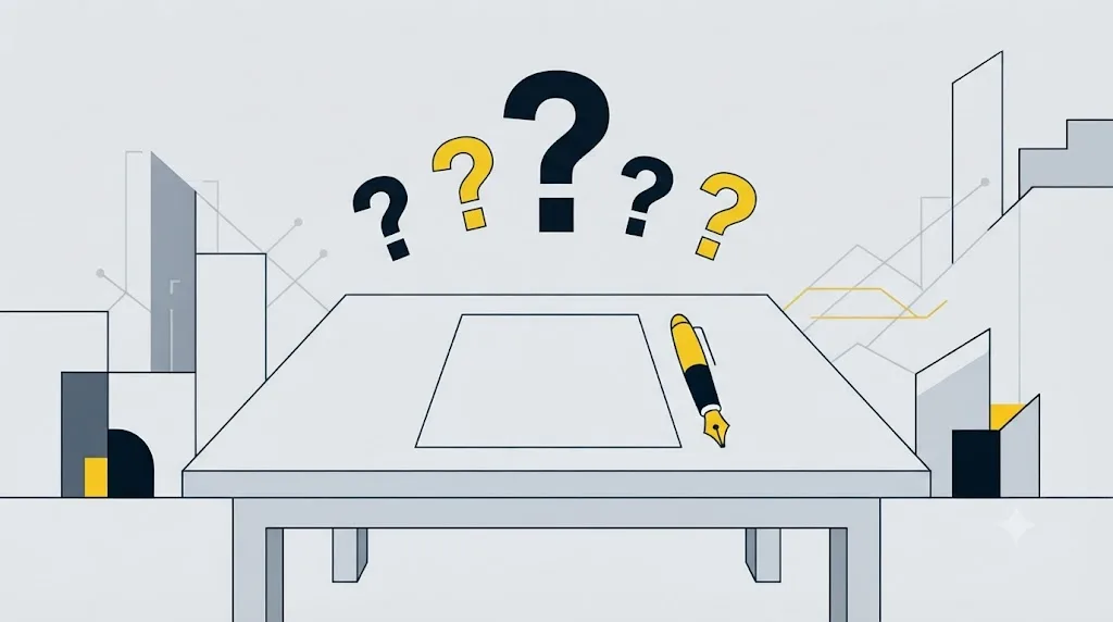Illustratie van een contract met vraagtekens die vragen voor het tekenen symboliseren
