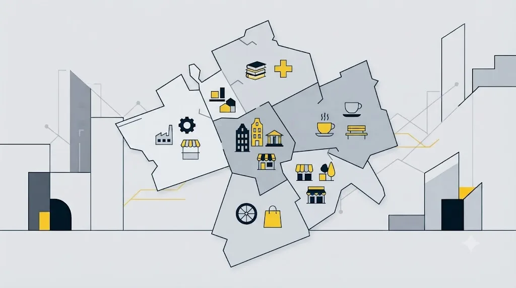 Illustratie van een kaart van de wijken van Utrecht met pictogrammen voor zoekwoorden