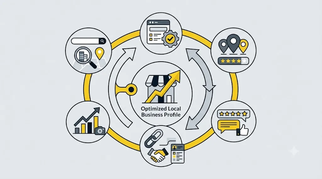 Ilustrație cu un semn de avertizare deasupra unui profil Google Business Profile incomplet