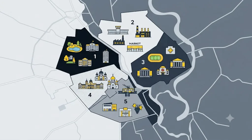 Ilustrație cu harta celor cinci sectoare ale Chișinăului și pictograme pentru cuvinte cheie locale