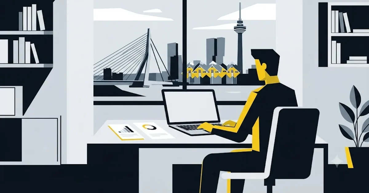 Illustratie van een zelfstandige SEO specialist die op afstand werkt voor een bedrijf in Rotterdam