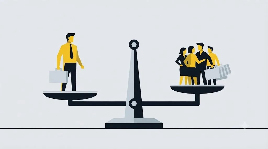 Illustratie van een weegschaal die een SEO specialist met een bureauteam vergelijkt