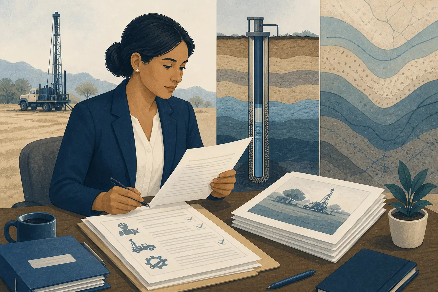 Illustration of a procurement buyer comparing well contractor qualification evidence with a project scope