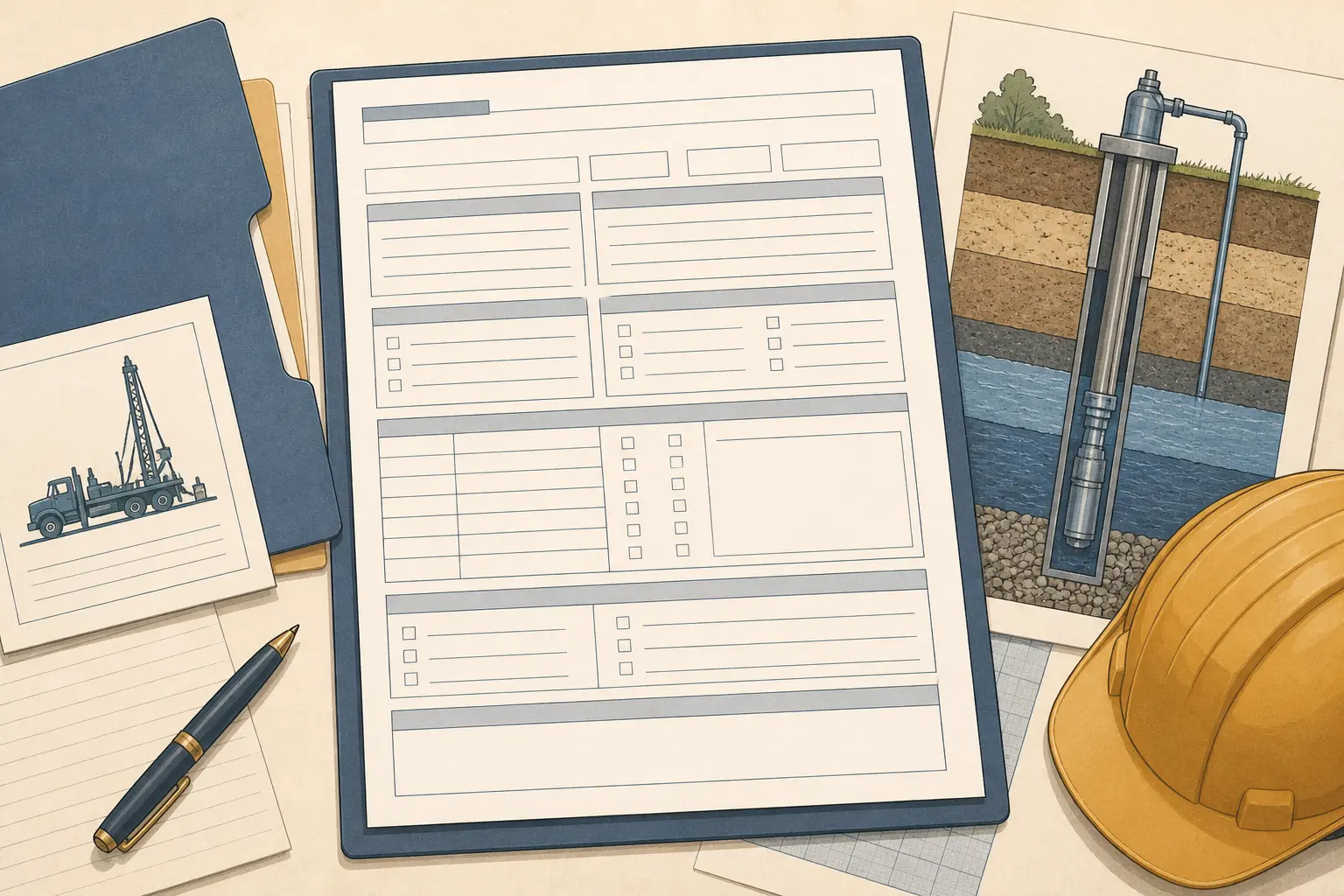 Illustration of a fictional water well contractor prequalification example with clearly labeled placeholders