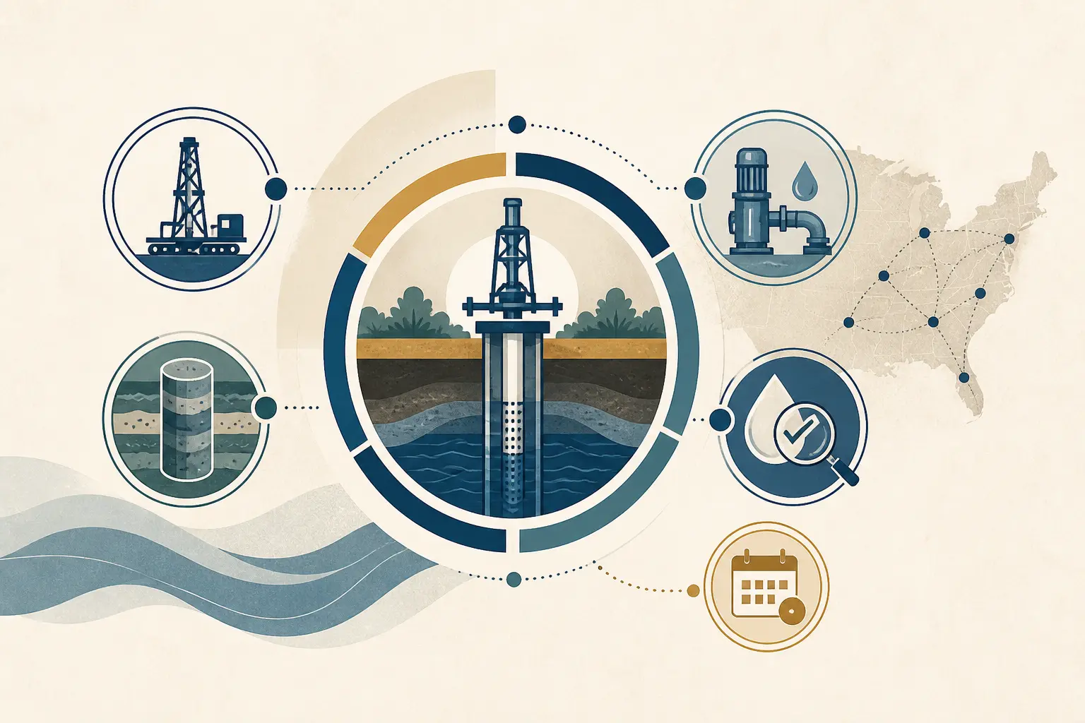 Illustration of a water well drilling capability statement header with buyer fit and service territory