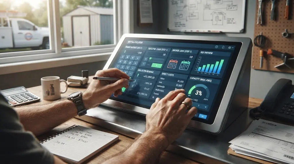 Illustration of a well contractor entering ROI calculator inputs for calls, jobs, revenue, and direct costs