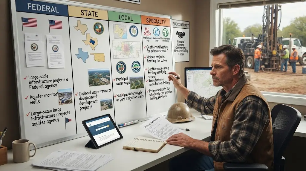 Illustration of a well drilling contractor comparing bid sources on a workboard