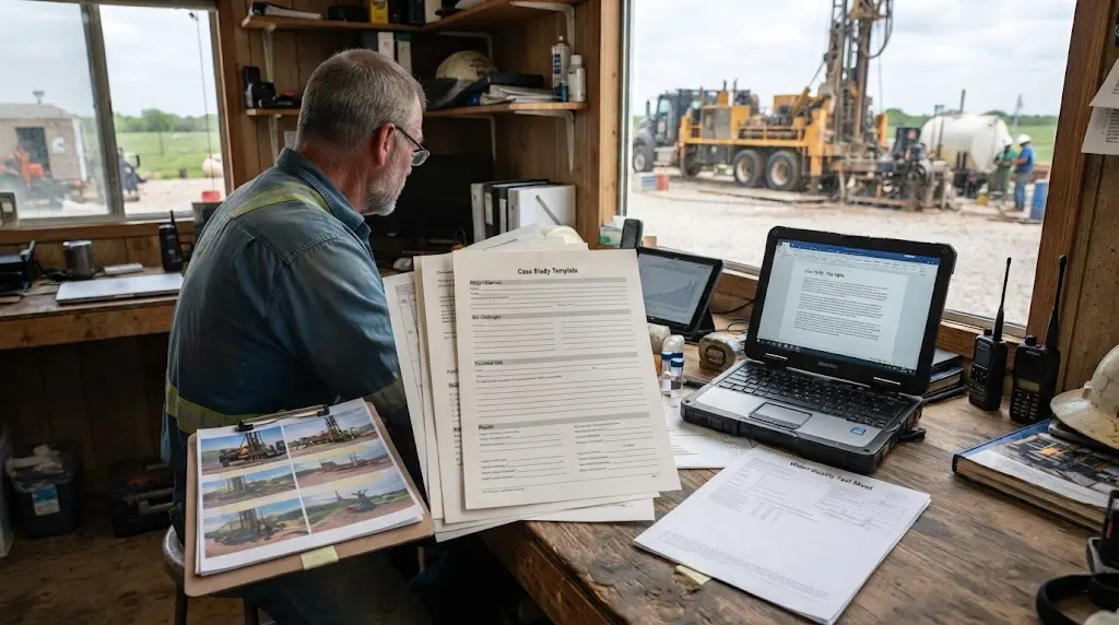 Illustration of a well contractor explaining a project decision