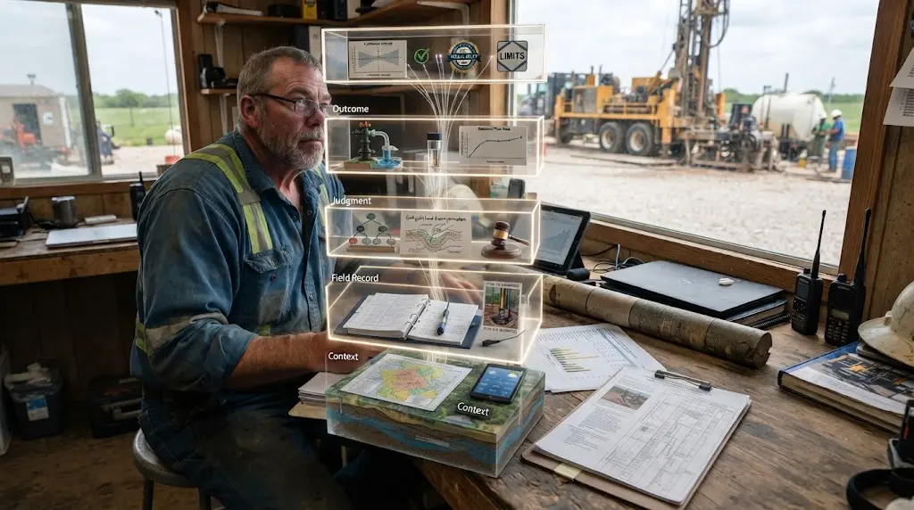 Illustration of a well contractor reviewing field records for a case study