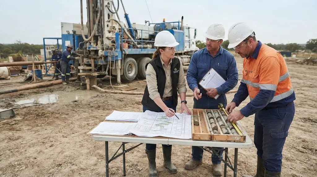 Illustration of a well drilling contractor reviewing a change order beside a rig
