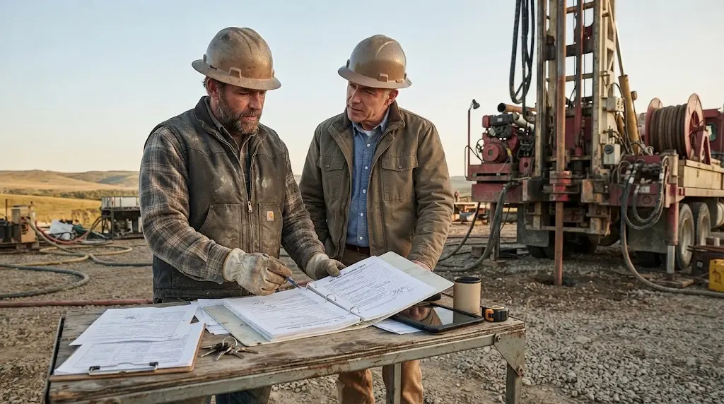 Illustration of a well drilling contractor reviewing a change order beside a rig