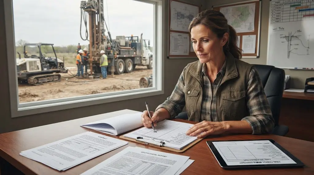 Illustration of a well drilling change order moving from field notice to office approval