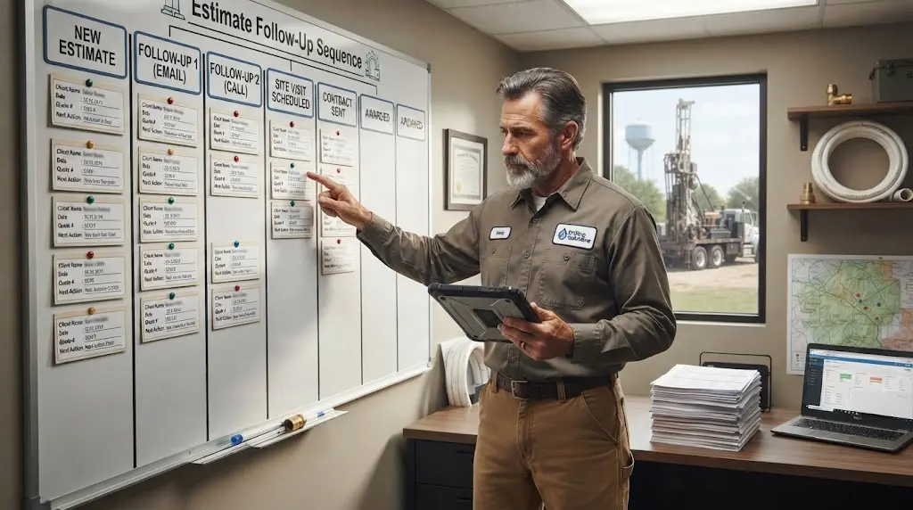 Illustration of a well drilling owner reviewing an estimate follow-up board with job status cards