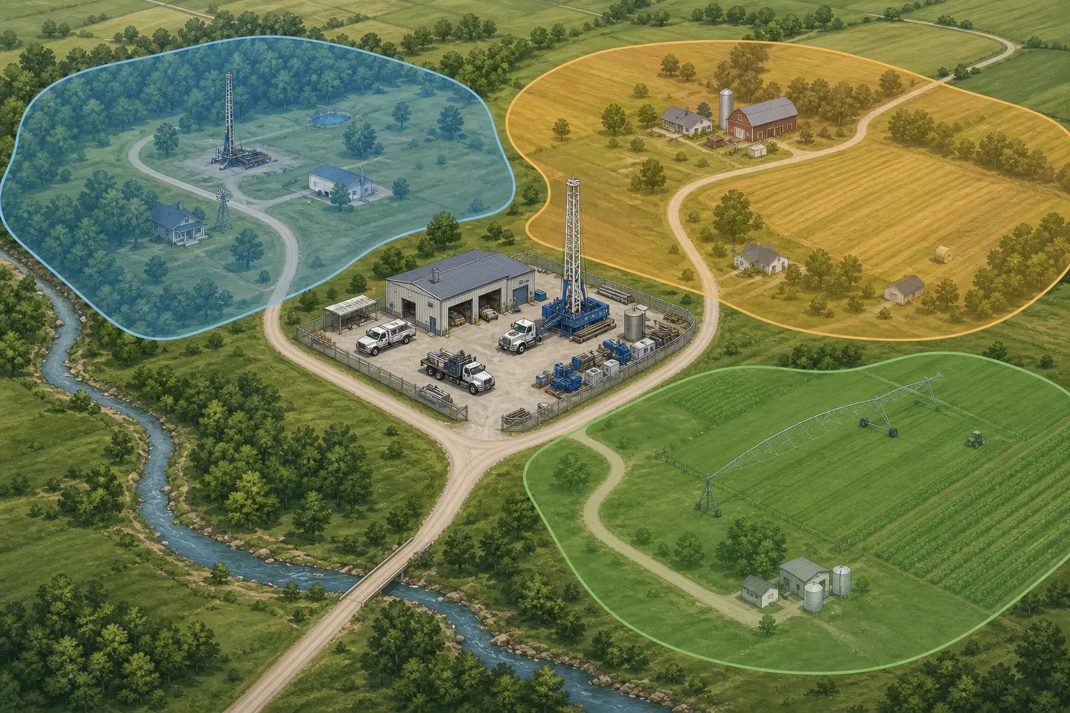 Illustration of a service territory map with drilling, pump repair, and agricultural job zones